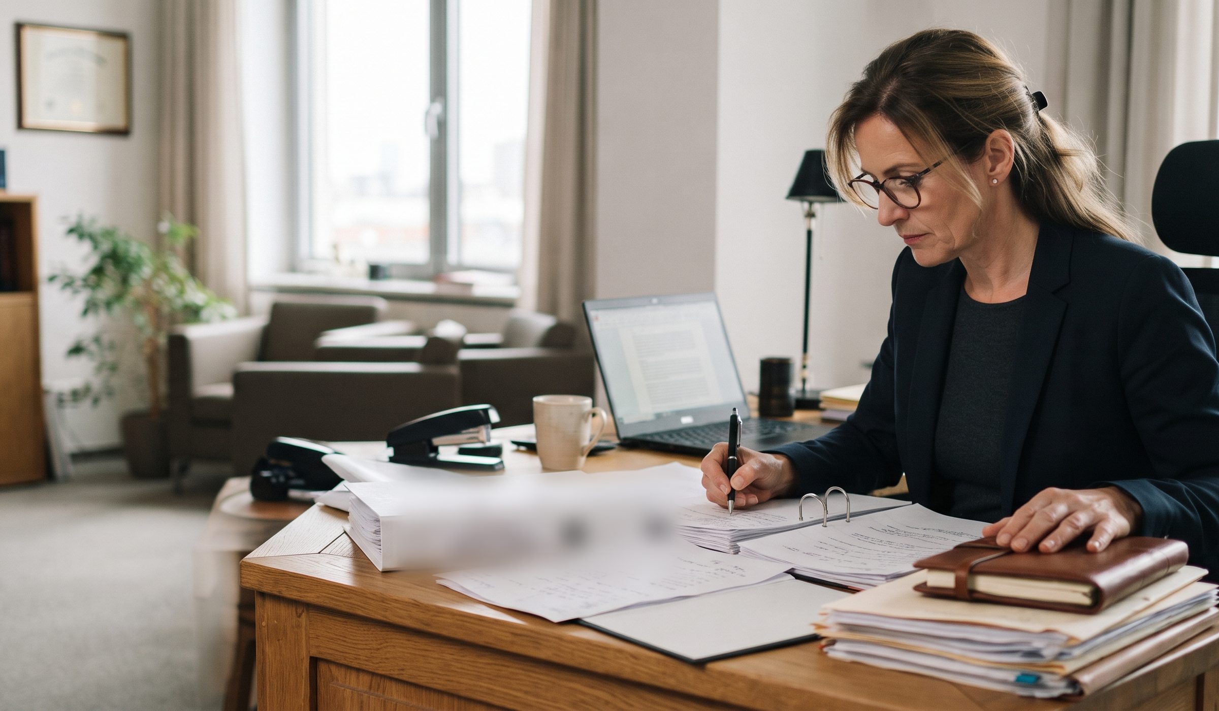 Annika Behrens am Schreibtisch bei der Aktenbearbeitung
